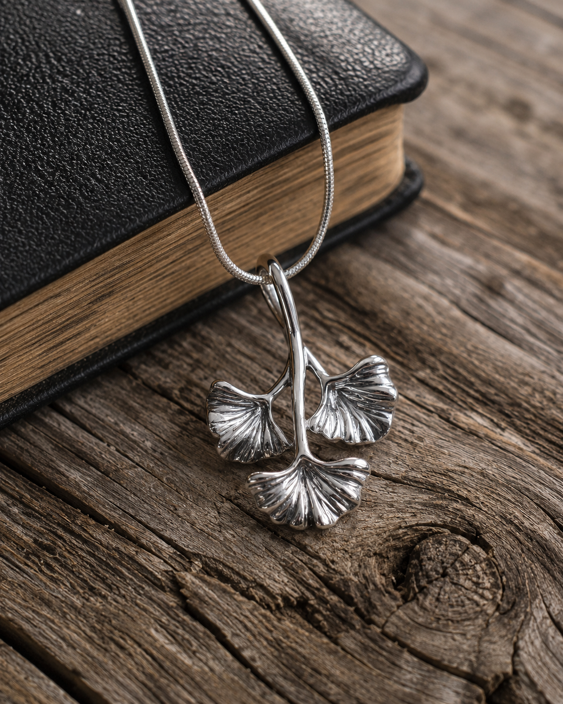 Sterling Silver Ginkgo Leaf Pendant – Botanical Three Leaf Charm, Nature Inspired Jewelry Gift