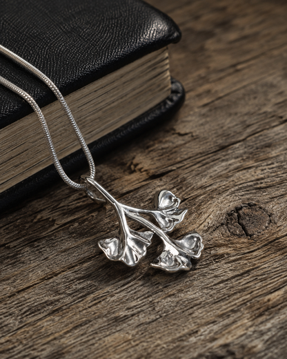 Sterling Silver Ginkgo Leaf Pendant – Botanical Three Leaf Charm, Nature Inspired Jewelry Gift