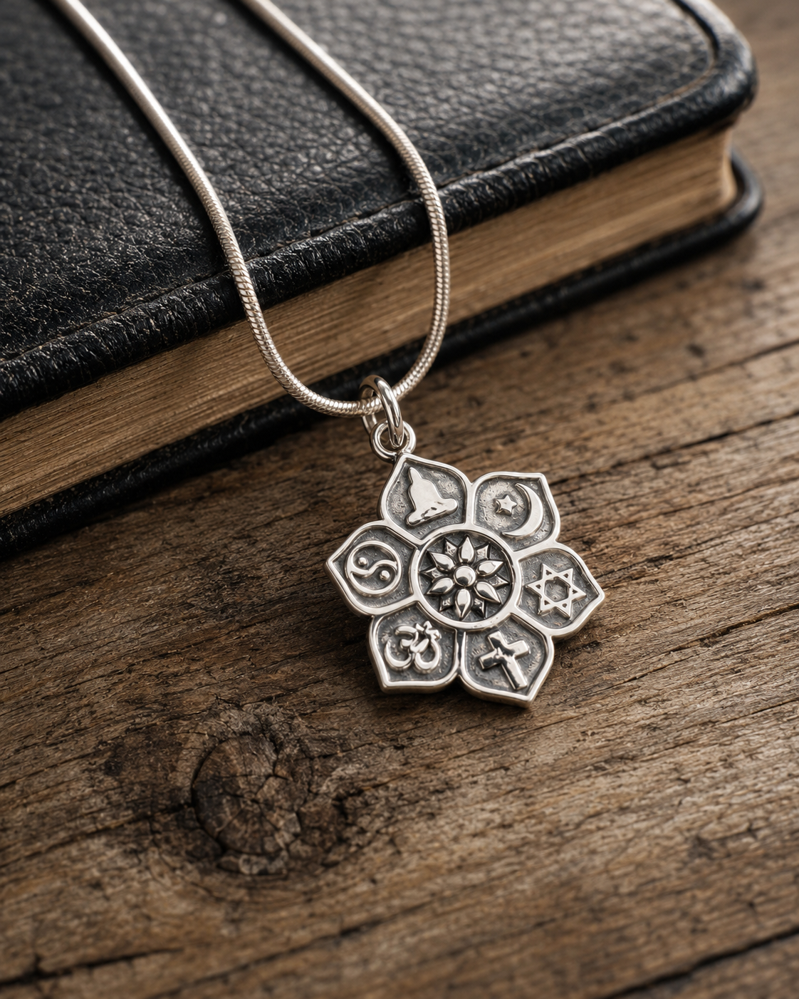 Sterling Silver Interfaith Flower Pendant, Multi-Faith Religious Symbols Charm, Yoga Lotus Sun Spiritual Jewelry