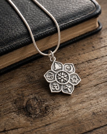 Sterling Silver Interfaith Flower Pendant, Multi-Faith Religious Symbols Charm, Yoga Lotus Sun Spiritual Jewelry