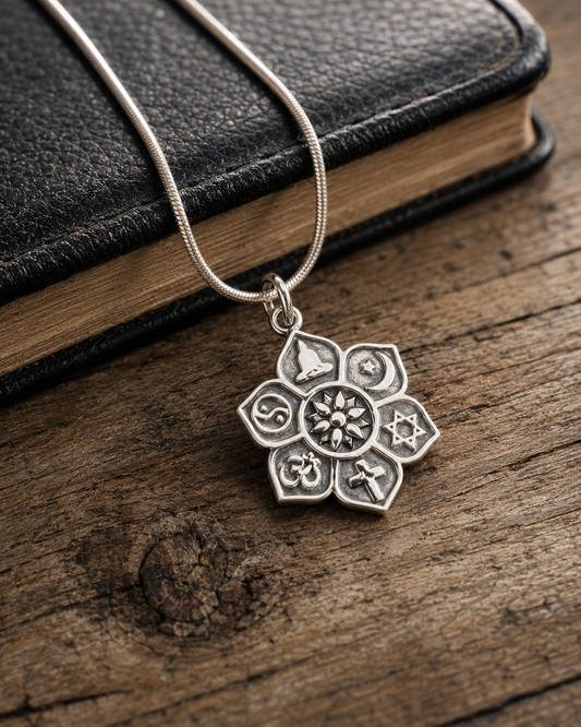 Sterling Silver Interfaith Flower Pendant, Multi-Faith Religious Symbols Charm, Yoga Lotus Sun Spiritual Jewelry
