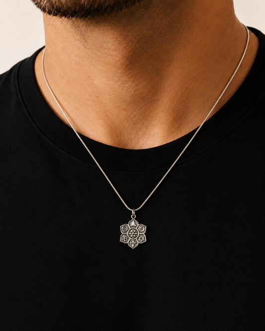 Sterling Silver Interfaith Flower Pendant, Multi-Faith Religious Symbols Charm, Yoga Lotus Sun Spiritual Jewelry