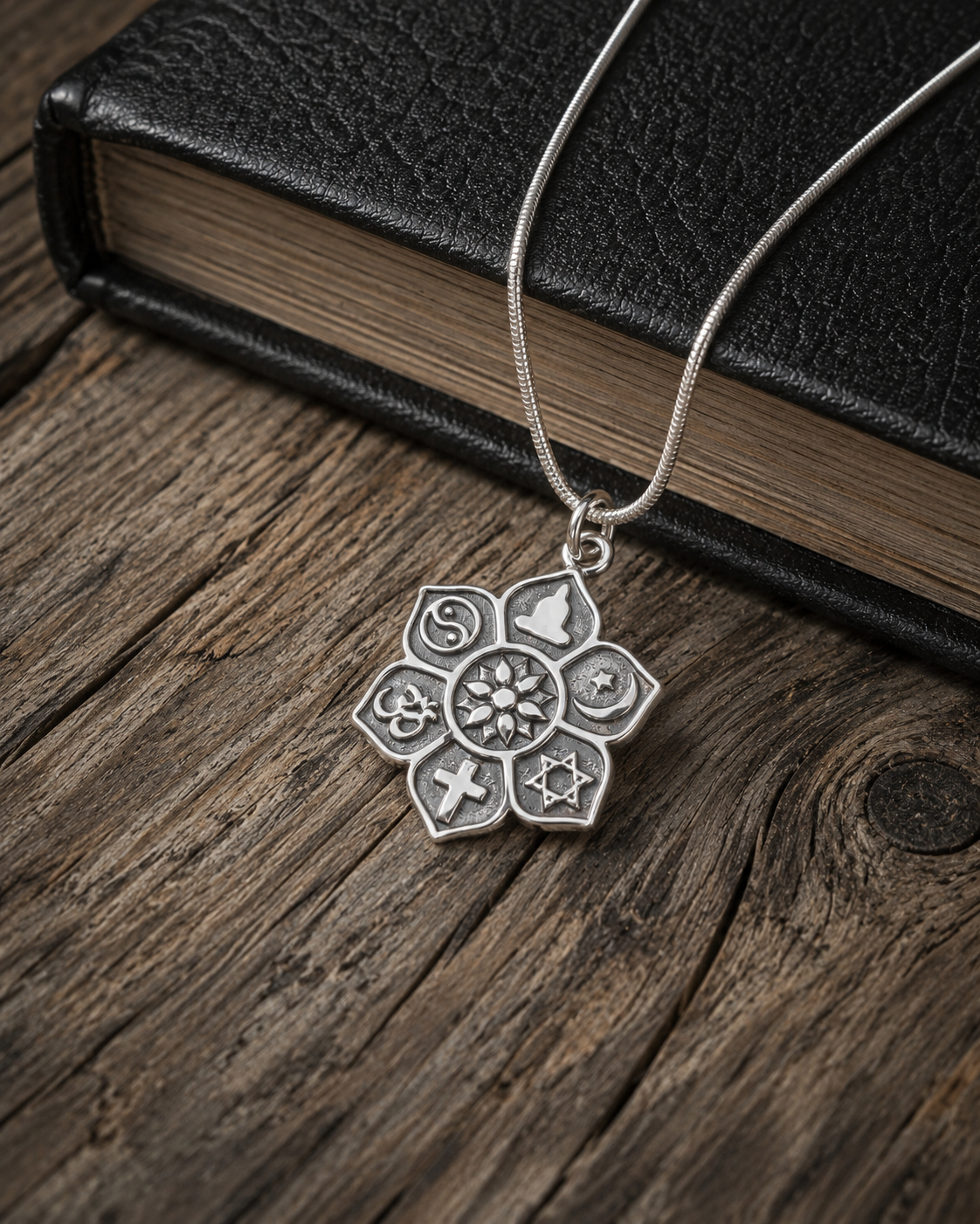 Sterling Silver Interfaith Flower Pendant, Multi-Faith Religious Symbols Charm, Yoga Lotus Sun Spiritual Jewelry