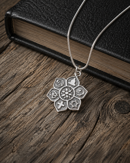 Sterling Silver Interfaith Flower Pendant, Multi-Faith Religious Symbols Charm, Yoga Lotus Sun Spiritual Jewelry