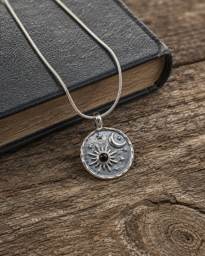 Unisex Sterling Silver Sun Moon Pendant, Turquoise or Black Onyx Celestial Stars Pendant, Boho Silver Jewelry Gift