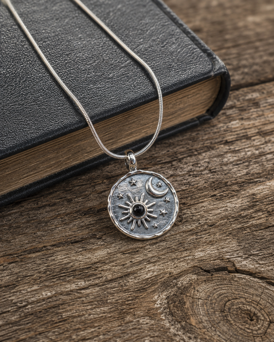 Unisex Sterling Silver Sun Moon Pendant, Turquoise or Black Onyx Celestial Stars Pendant, Boho Silver Jewelry Gift
