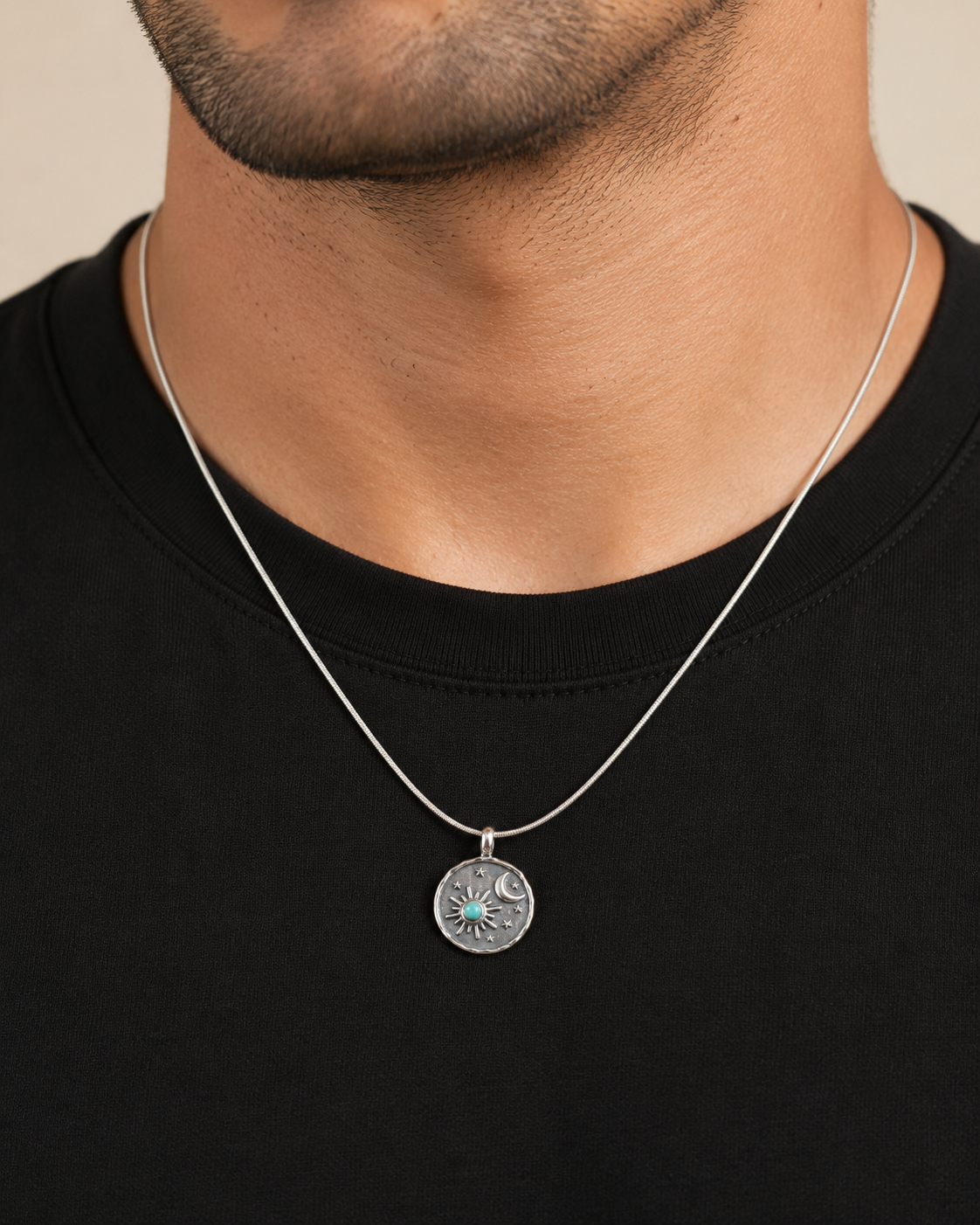 Unisex Sterling Silver Sun Moon Pendant, Turquoise or Black Onyx Celestial Stars Pendant, Boho Silver Jewelry Gift