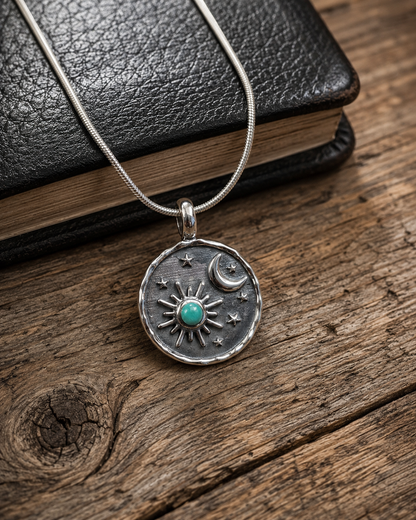 Unisex Sterling Silver Sun Moon Pendant, Turquoise or Black Onyx Celestial Stars Pendant, Boho Silver Jewelry Gift