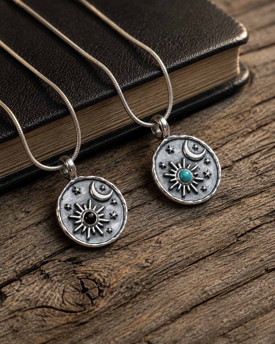 Unisex Sterling Silver Sun Moon Pendant, Turquoise or Black Onyx Celestial Stars Pendant, Boho Silver Jewelry Gift