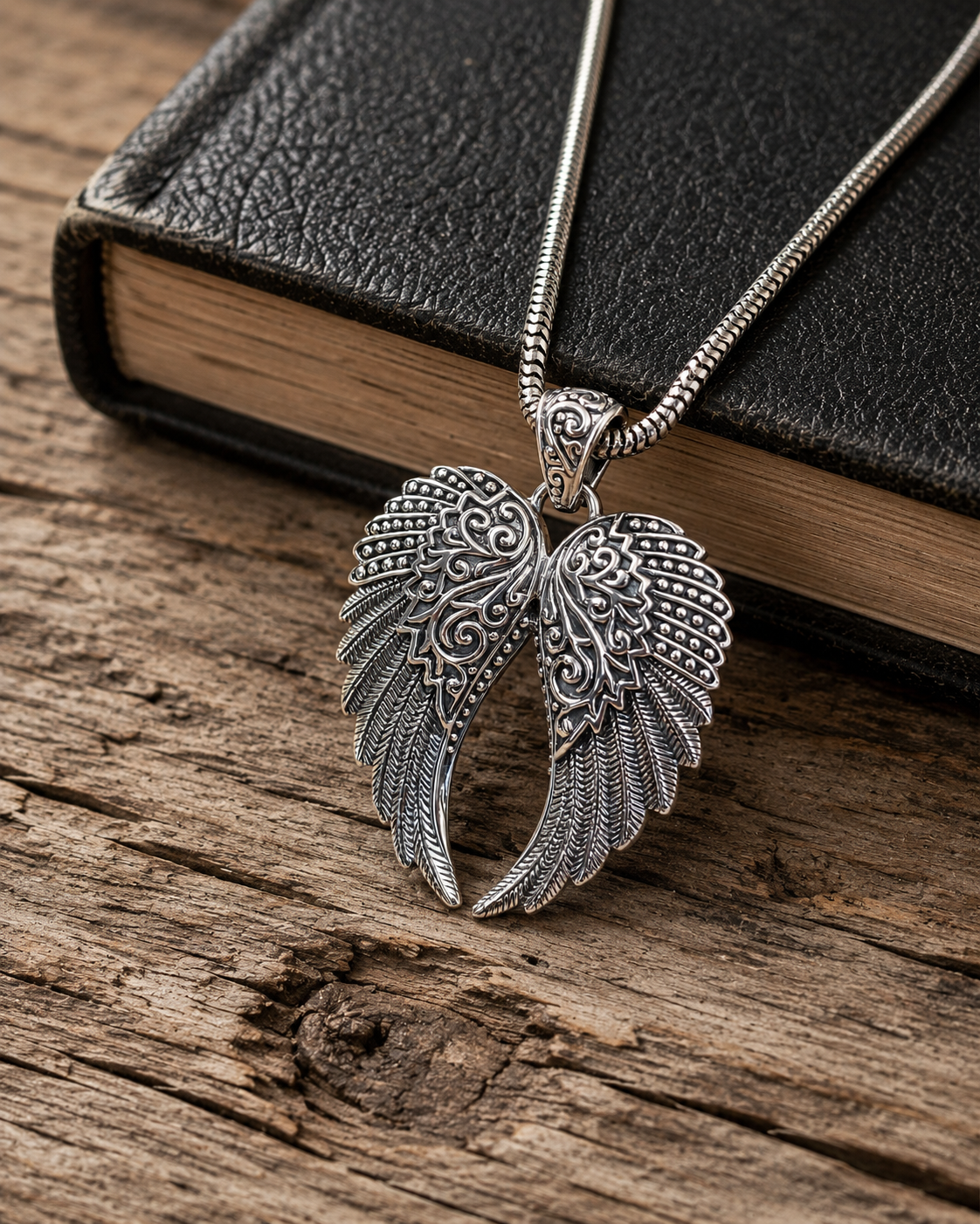 Sterling Silver Angel Wings Pendant, Ornate Wing Pendant, Boho Guardian Angel Jewelry, Gothic Silver Memorial Gift