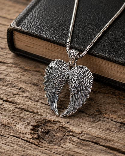 Sterling Silver Angel Wings Pendant, Ornate Wing Pendant, Boho Guardian Angel Jewelry, Gothic Silver Memorial Gift