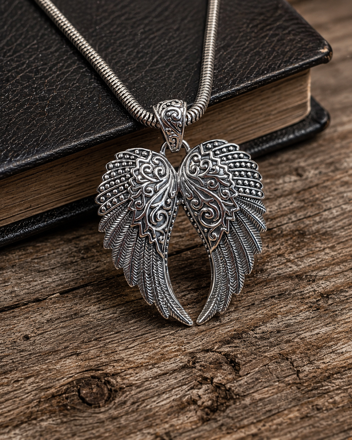 Sterling Silver Angel Wings Pendant, Ornate Wing Pendant, Boho Guardian Angel Jewelry, Gothic Silver Memorial Gift