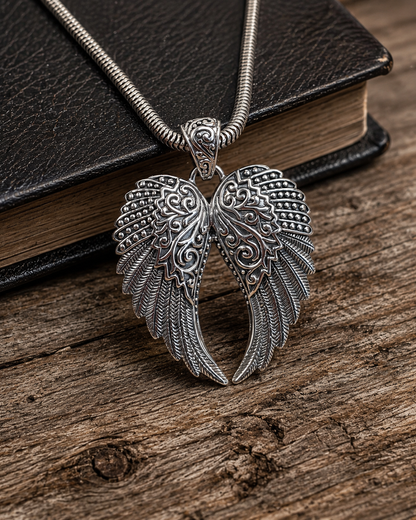 Sterling Silver Angel Wings Pendant, Ornate Wing Pendant, Boho Guardian Angel Jewelry, Gothic Silver Memorial Gift