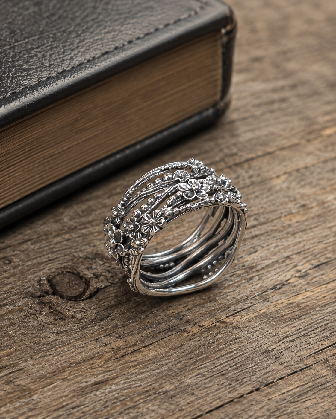 Solid Sterling Silver 10mm Floral Wide Band Ring, 925 Silver Flower Ring, Boho Daisy Statement Ring