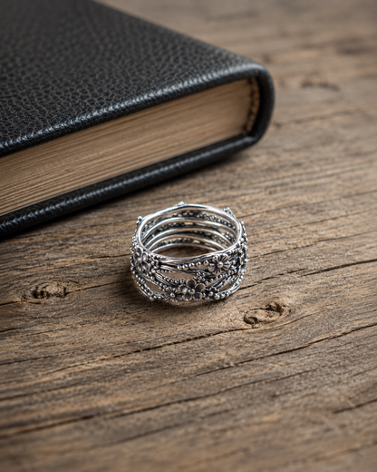 Solid Sterling Silver 10mm Floral Wide Band Ring, 925 Silver Flower Ring, Boho Daisy Statement Ring