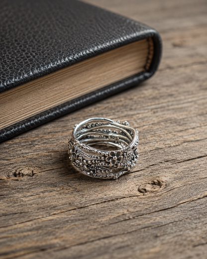 Solid Sterling Silver 10mm Floral Wide Band Ring, 925 Silver Flower Ring, Boho Daisy Statement Ring