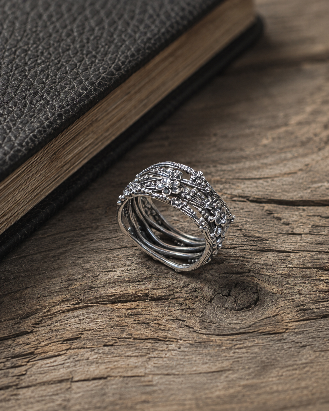 Solid Sterling Silver 10mm Floral Wide Band Ring, 925 Silver Flower Ring, Boho Daisy Statement Ring