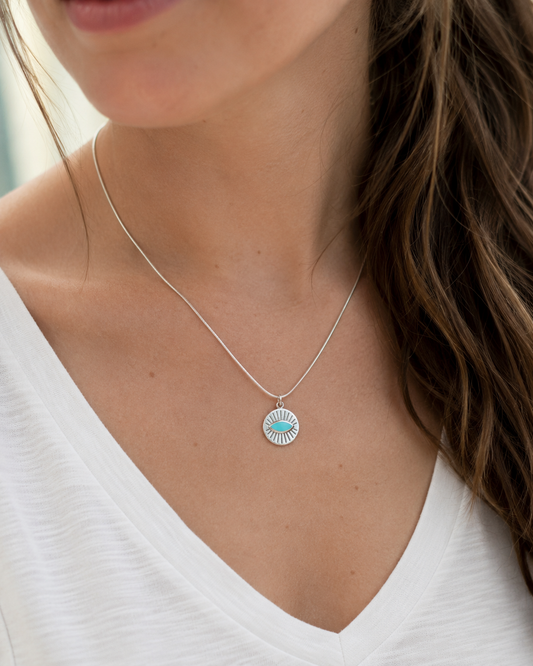 Sterling Silver Evil Eye Pendant – Turquoise or Black Onyx Sunburst Eye Charm, Handmade Boho Protection Jewelry