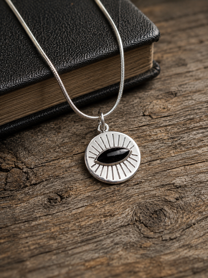 Sterling Silver Evil Eye Pendant – Turquoise or Black Onyx Sunburst Eye Charm, Handmade Boho Protection Jewelry