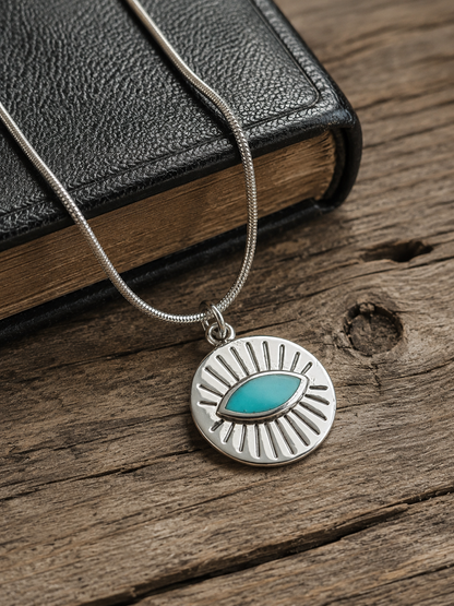 Sterling Silver Evil Eye Pendant – Turquoise or Black Onyx Sunburst Eye Charm, Handmade Boho Protection Jewelry