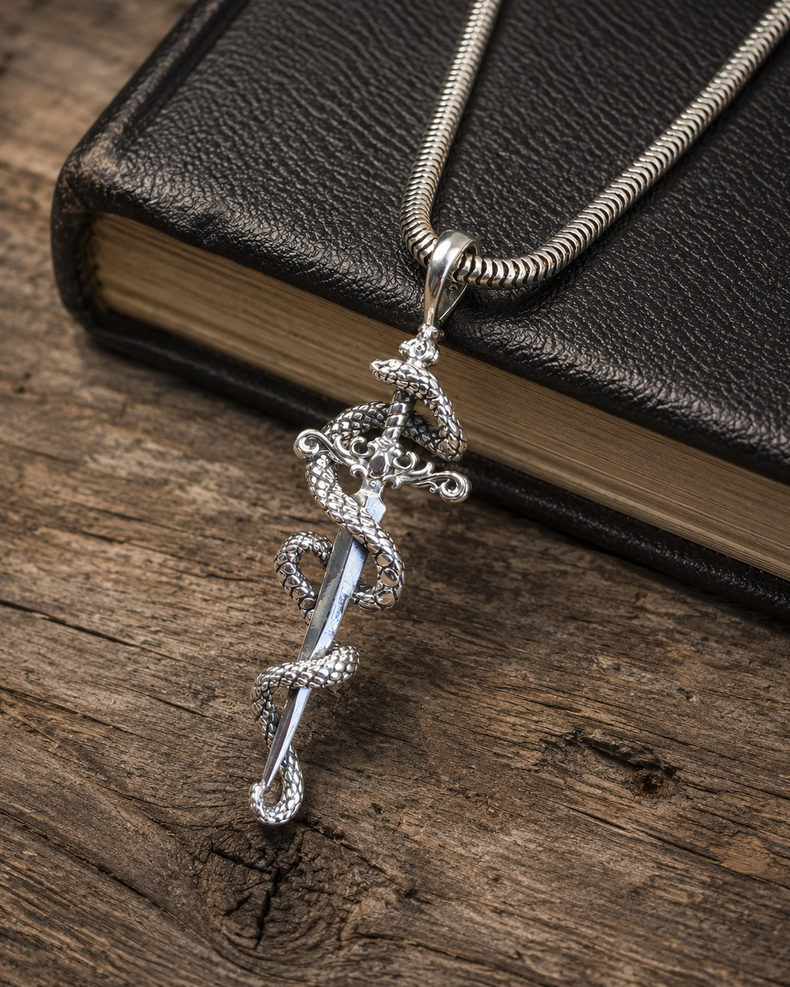 Sterling Silver Snake Sword Pendant Necklace – Gothic Dragon Serpent Dagger Jewelry for Men & Women