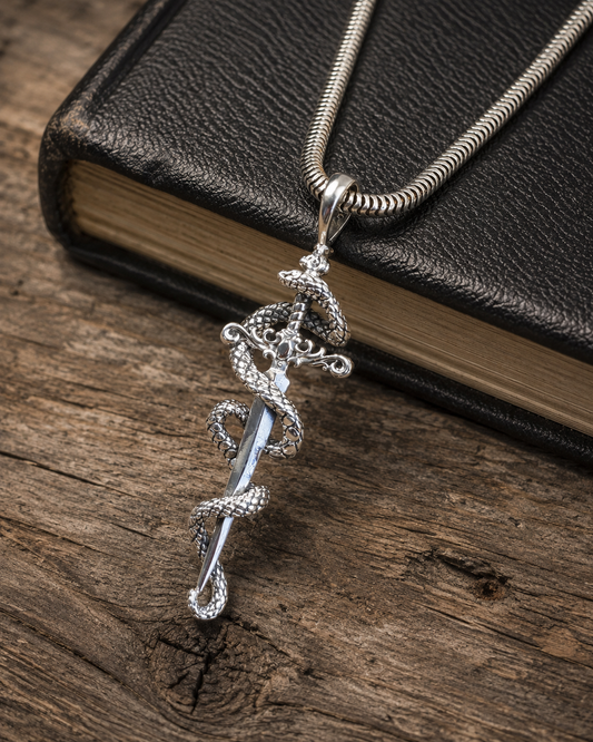 Sterling Silver Snake Sword Pendant Necklace – Gothic Dragon Serpent Dagger Jewelry for Men & Women
