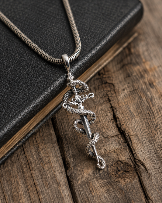 Sterling Silver Snake Sword Pendant Necklace – Gothic Dragon Serpent Dagger Jewelry for Men & Women
