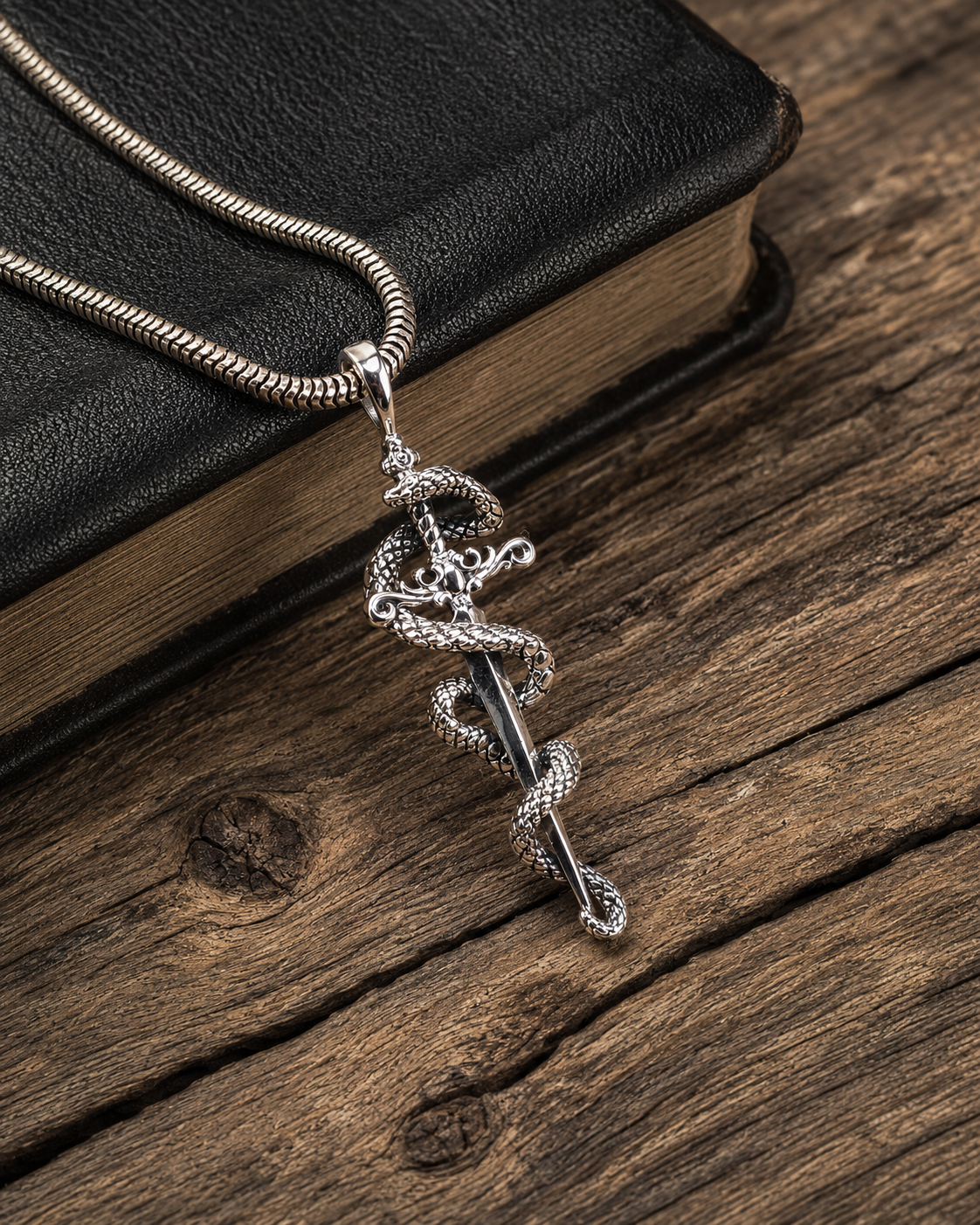 Sterling Silver Snake Sword Pendant Necklace – Gothic Dragon Serpent Dagger Jewelry for Men & Women