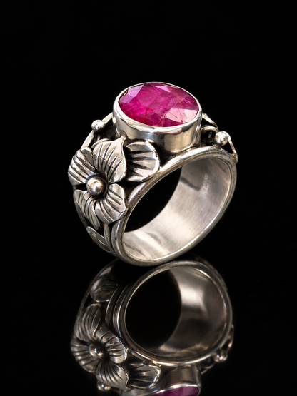 Ruby Sterling Silver Ring – 15mm Wide Solid Heavy Floral Statement Ring