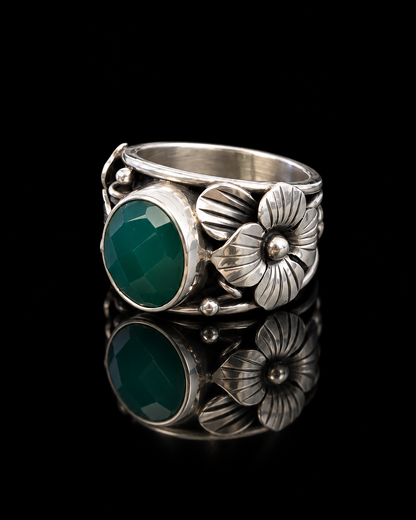 Green Onyx Sterling Silver Statement Ring – Solid Heavy 15mm Floral Band