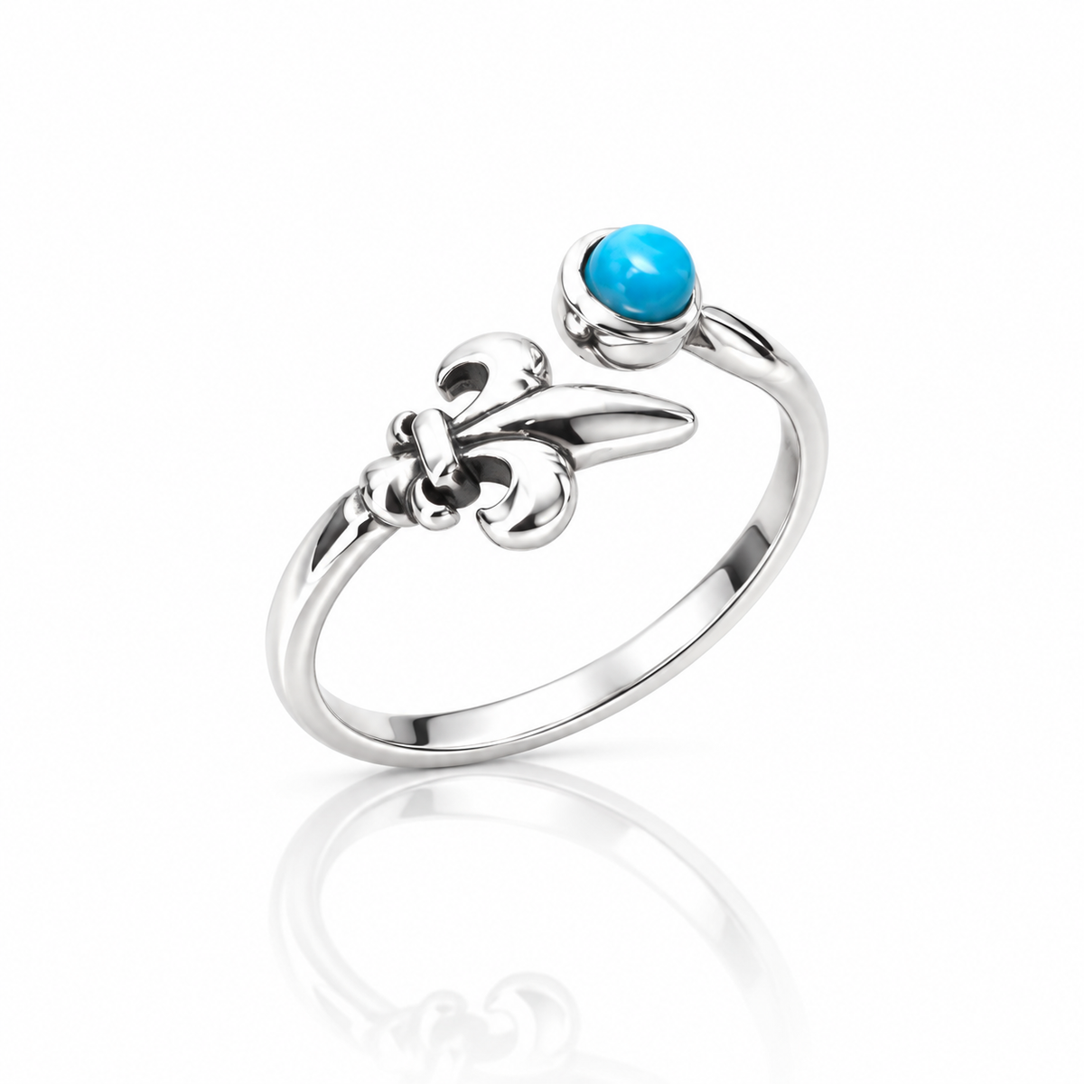 Sterling Silver Turquoise Fleur de Lis Adjustable Ring – Boho Gemstone Ring