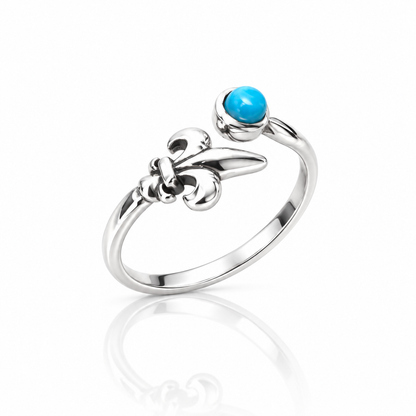 Sterling Silver Turquoise Fleur de Lis Adjustable Ring – Boho Gemstone Ring