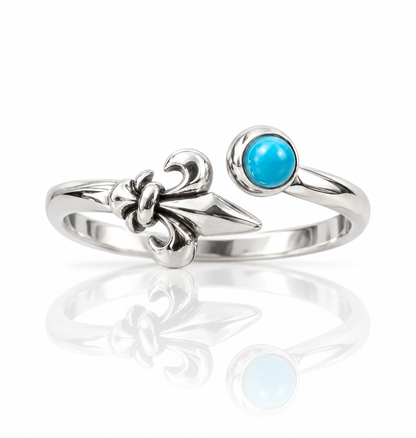 Sterling Silver Turquoise Fleur de Lis Adjustable Ring – Boho Gemstone Ring