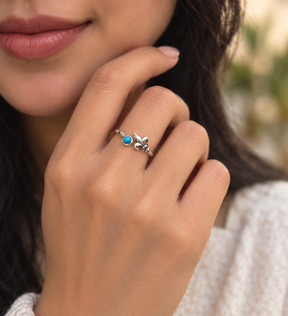 Sterling Silver Turquoise Fleur de Lis Adjustable Ring – Boho Gemstone Ring