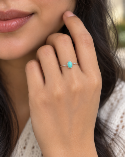 Sterling Silver Turquoise Ring – Dainty Oval Gemstone Boho Ring