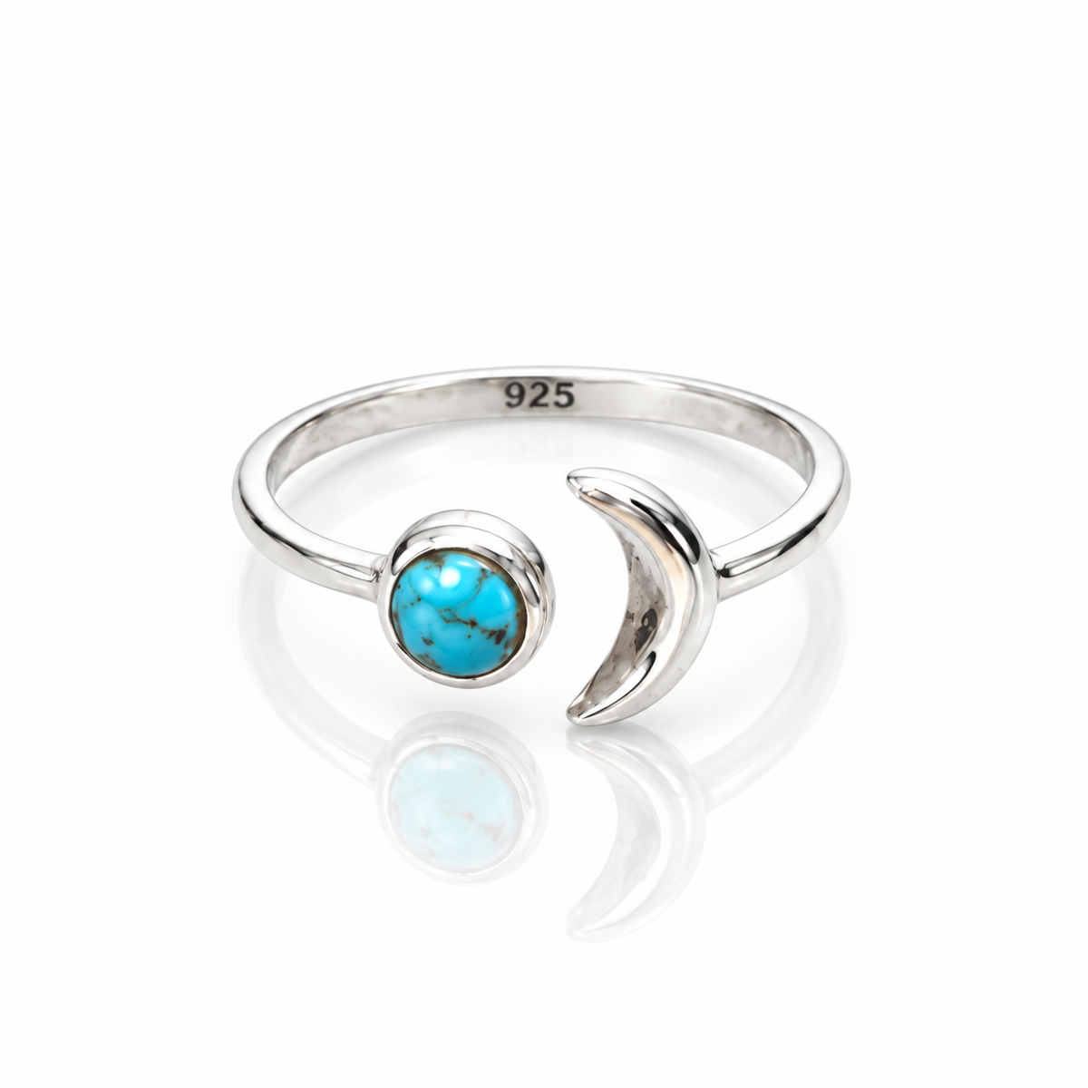 Sterling Silver Turquoise Crescent Moon Ring – Adjustable Boho Celestial Ring