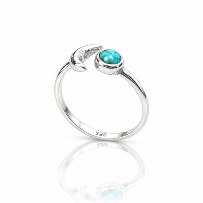 Sterling Silver Turquoise Crescent Moon Ring – Adjustable Boho Celestial Ring