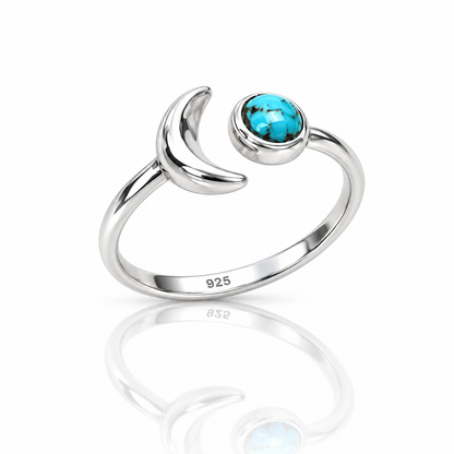 Sterling Silver Turquoise Crescent Moon Ring – Adjustable Boho Celestial Ring