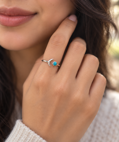 Sterling Silver Turquoise Crescent Moon Ring – Adjustable Boho Celestial Ring