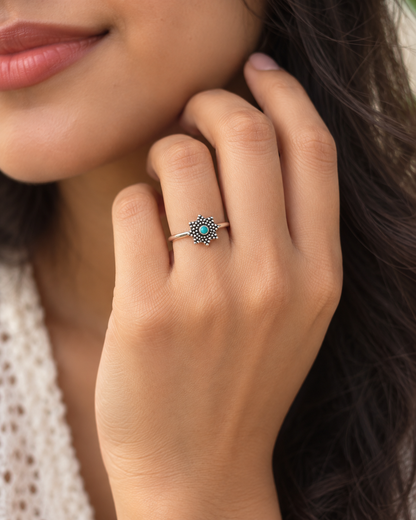 Sterling Silver Turquoise Mandala Ring – Dainty Boho Gemstone Ring