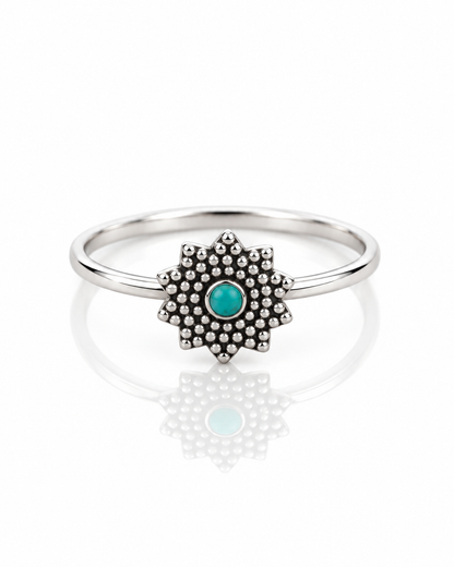 Sterling Silver Turquoise Mandala Ring – Dainty Boho Gemstone Ring
