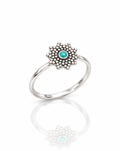 Sterling Silver Turquoise Mandala Ring – Dainty Boho Gemstone Ring