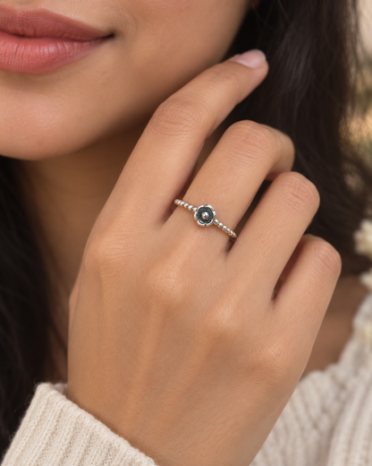 Sterling Silver Flower Ring – Dainty Beaded Boho Stacking Ring