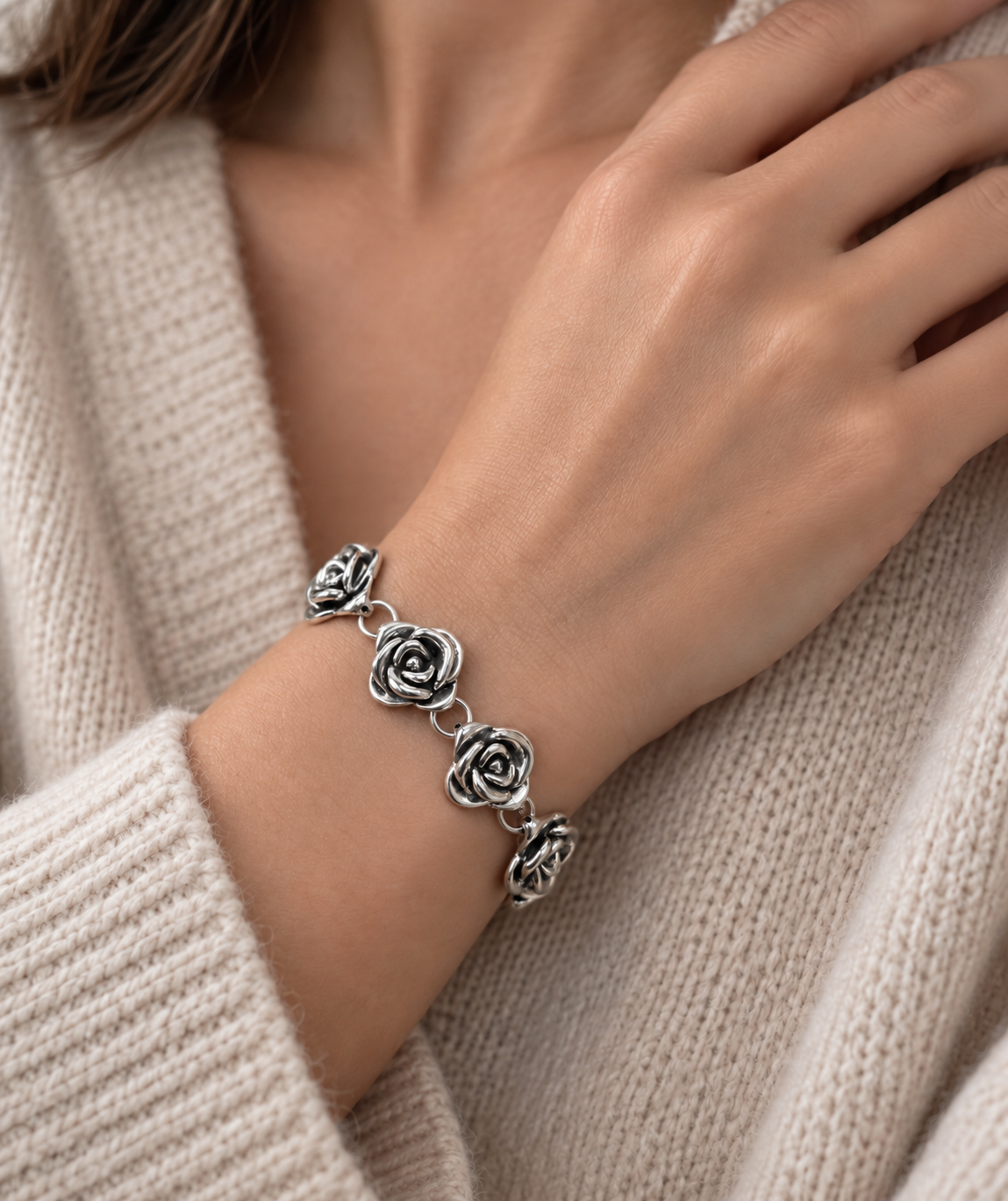 Sterling Silver Rose Link Bracelet – Hollow Floral Statement Bracelet