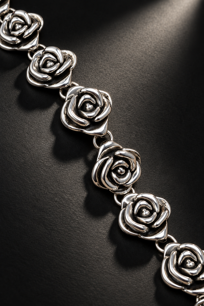 Sterling Silver Rose Link Bracelet – Hollow Floral Statement Bracelet