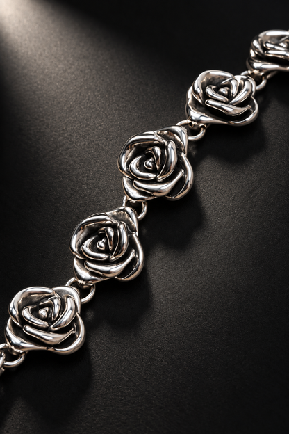 Sterling Silver Rose Link Bracelet – Hollow Floral Statement Bracelet