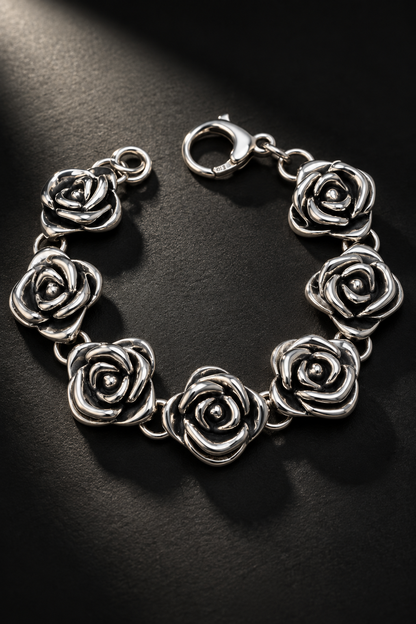 Sterling Silver Rose Link Bracelet – Hollow Floral Statement Bracelet