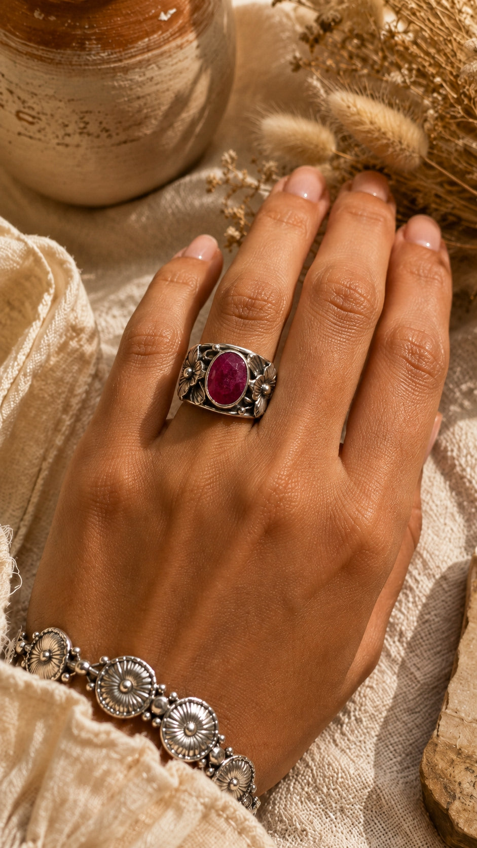 Ruby Sterling Silver Ring – 15mm Wide Solid Heavy Floral Statement Ring