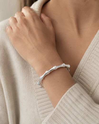 Solid Sterling Silver Bamboo Bangle Bracelet – 8mm Hollow Hinged Spring Opening