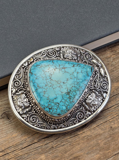 Solid Sterling Silver Turquoise Belt Buckle – Heavy Handmade Western Boho Unisex Statement Buckle